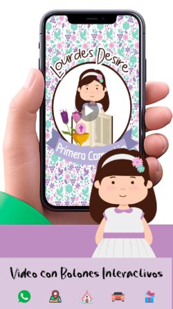 Video Invitación Digital de Niña Floral Lila para Comunión, Bautizo, Presentación