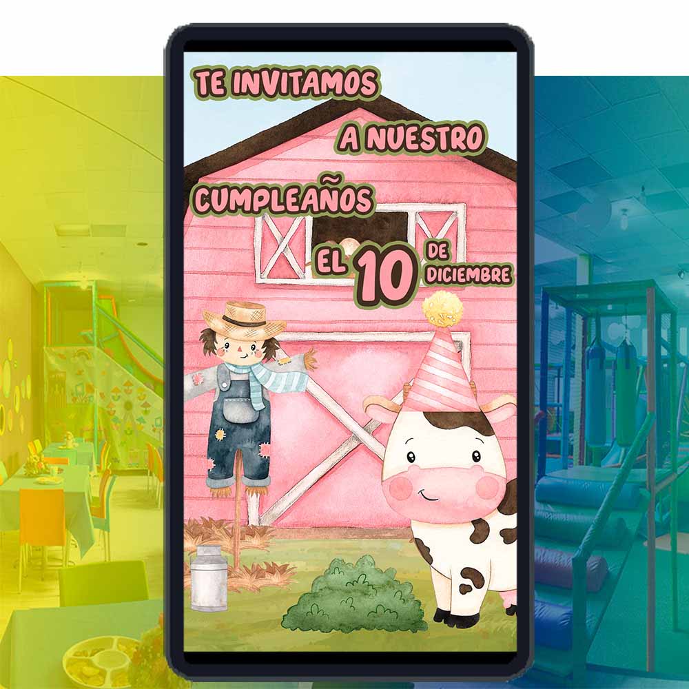 Es momento de sorprender a tus invitados con esta video invitación digital web de animales de la granja rosa para cumpleaños, sin o con botones interactivos en la invitación digital.