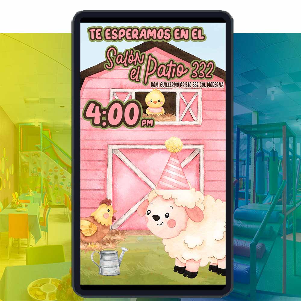 Es momento de sorprender a tus invitados con esta video invitación digital web de animales de la granja rosa para cumpleaños, sin o con botones interactivos en la invitación digital.