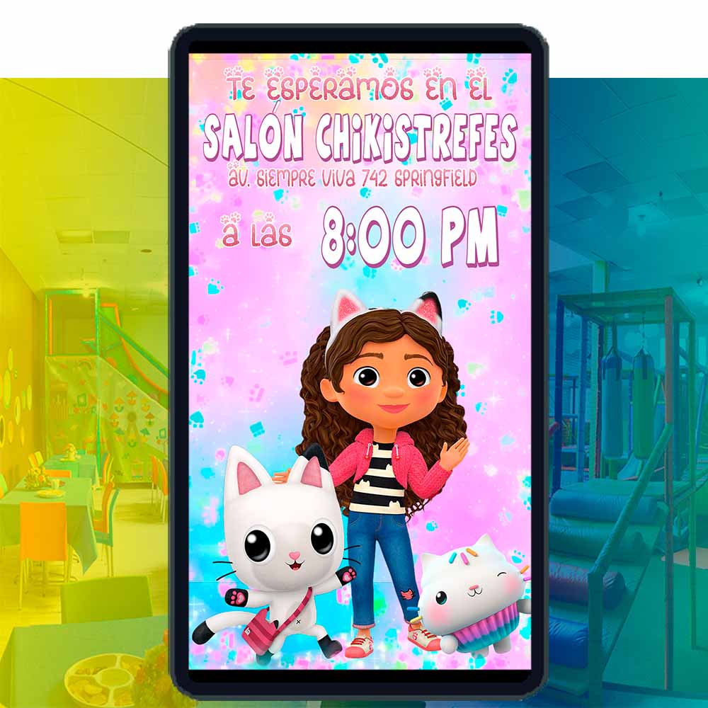Es momento de sorprender a tus invitados con esta video invitación digital web de gabby y la casa de muñecas para cumpleaños, sin o con botones interactivos en la invitación digital.