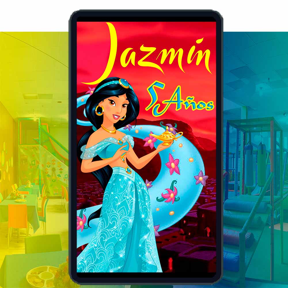 Es momento de sorprender a tus invitados con esta video invitación digital web de jazmín de Aladdín para cumpleaños, sin o con botones interactivos en la invitación digital.