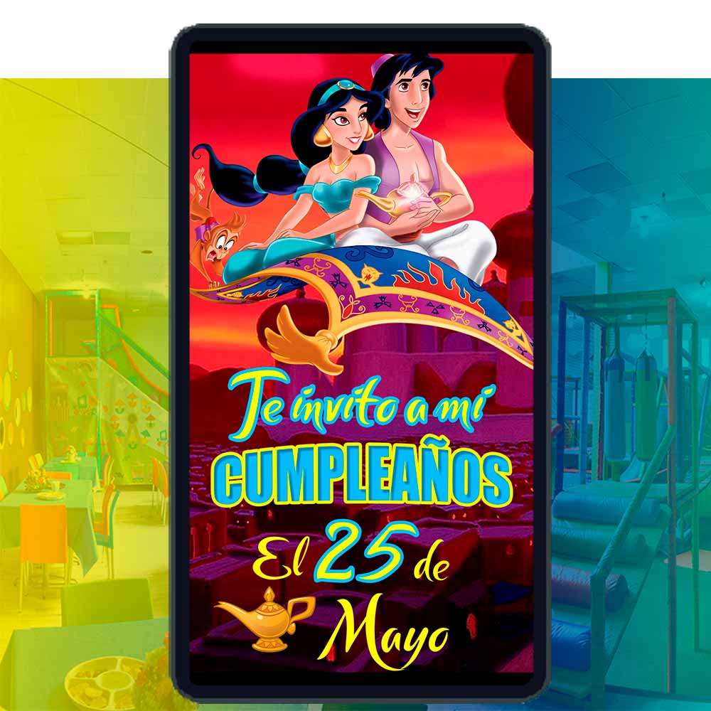 Es momento de sorprender a tus invitados con esta video invitación digital web de jazmín de Aladdín para cumpleaños, sin o con botones interactivos en la invitación digital.