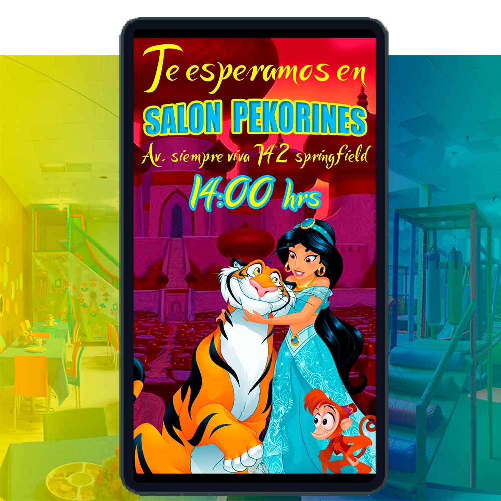 Es momento de sorprender a tus invitados con esta video invitación digital web de jazmín de Aladdín para cumpleaños, sin o con botones interactivos en la invitación digital.