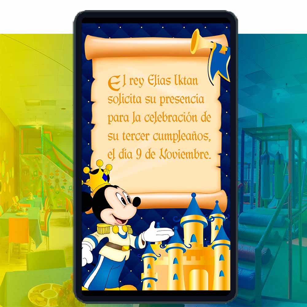 Es momento de sorprender a tus invitados con esta video invitación digital web de mickey mouse rey para cumpleaños, sin o con botones interactivos en la invitación digital.