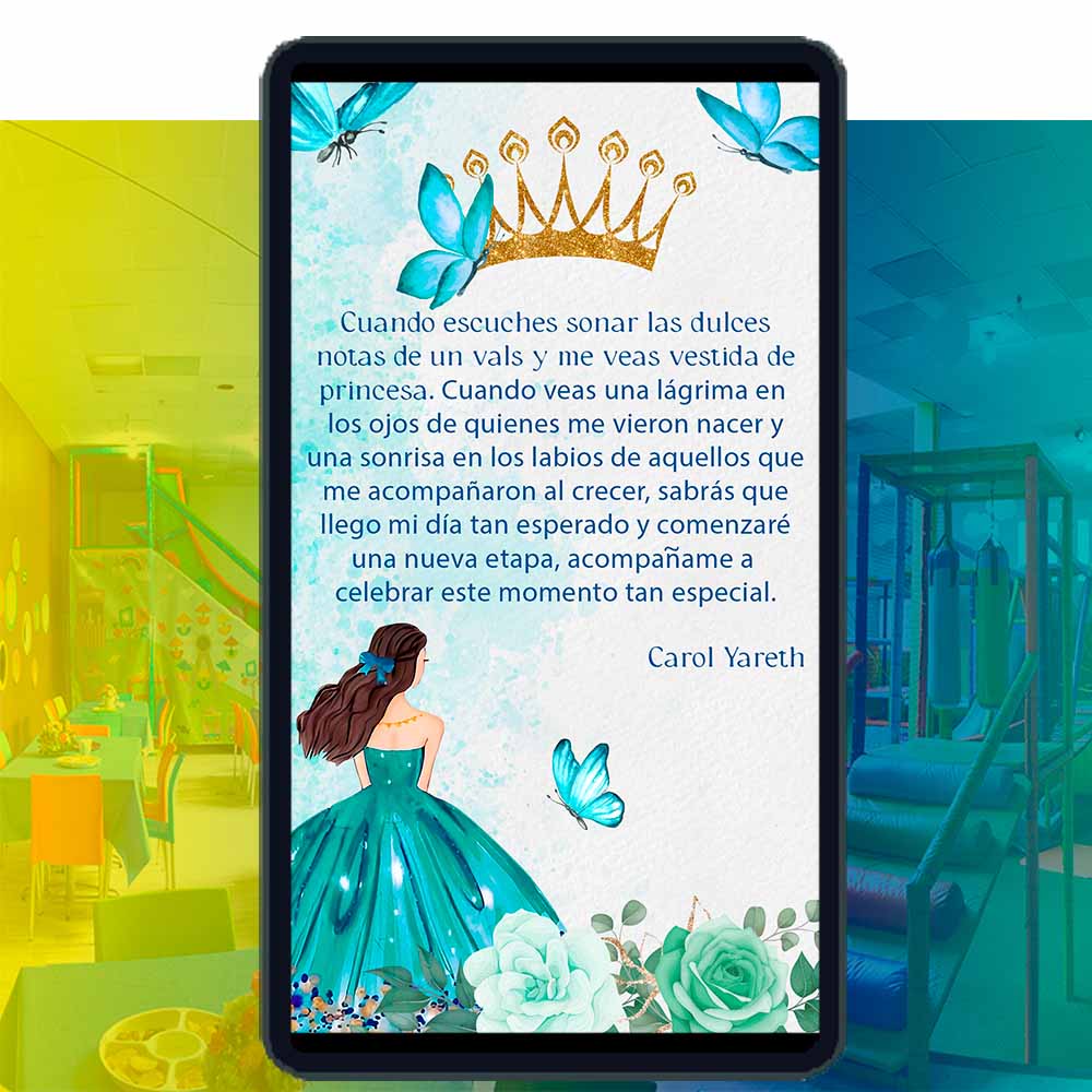 Es momento de sorprender a tus invitados con esta video invitación digital web de Mariposas Color Turquesa y Dorado para XV Años, sin o con botones interactivos en la invitación digital.