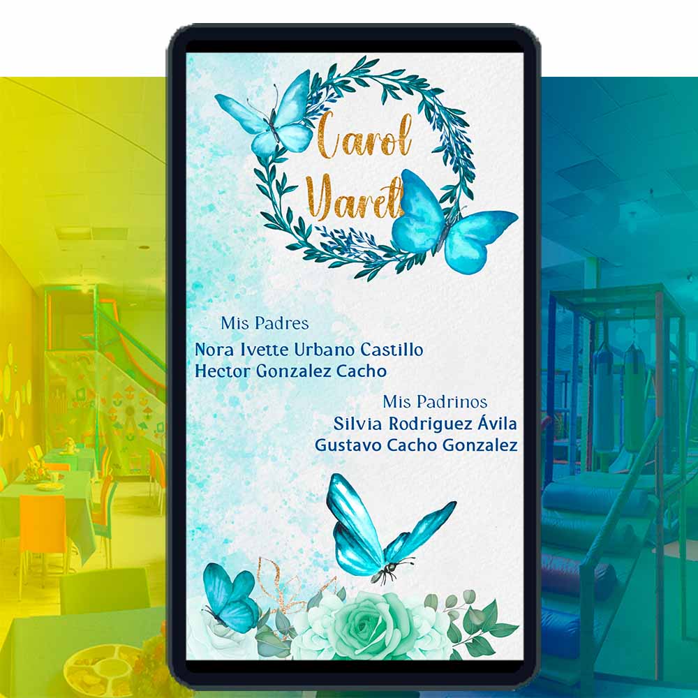 Es momento de sorprender a tus invitados con esta video invitación digital web de Mariposas Color Turquesa y Dorado para XV Años, sin o con botones interactivos en la invitación digital.