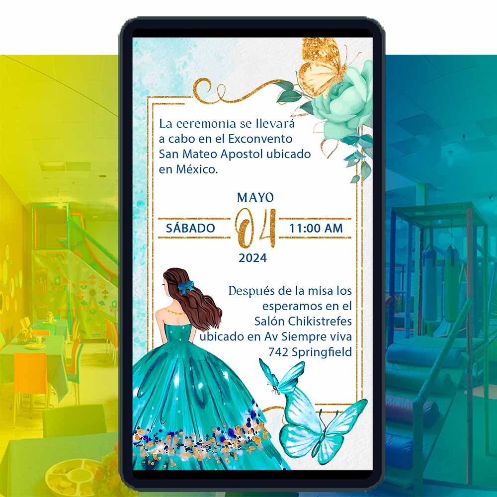 Es momento de sorprender a tus invitados con esta video invitación digital web de Mariposas Color Turquesa y Dorado para XV Años, sin o con botones interactivos en la invitación digital.