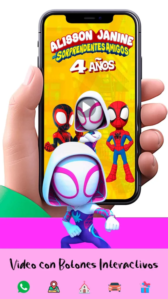 Adquiere hoy esta magnifica invitación en video de Gwen de Spidey y Sus Sorependetes Amigos, soprede a tus invitados con esta magnifica videoinvitación digital.
